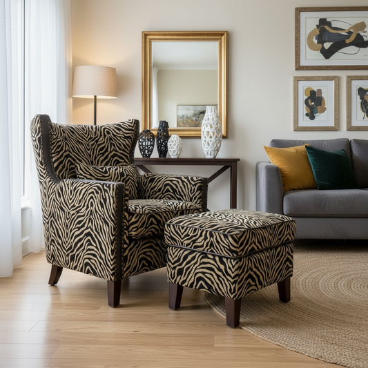 Occasional Arm Chair with Ottoman - Zebra Print