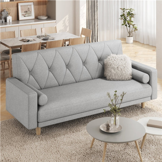 Button-tufted Fabric 3-Seater Sofa Bed W/ 2 Bolster Pillows