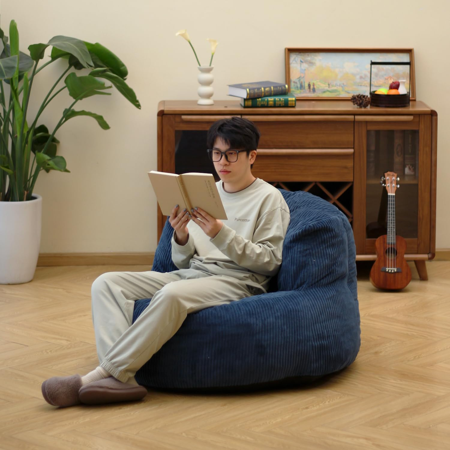 Corduroy Single Sofa with Wide Backrest Navy Blue