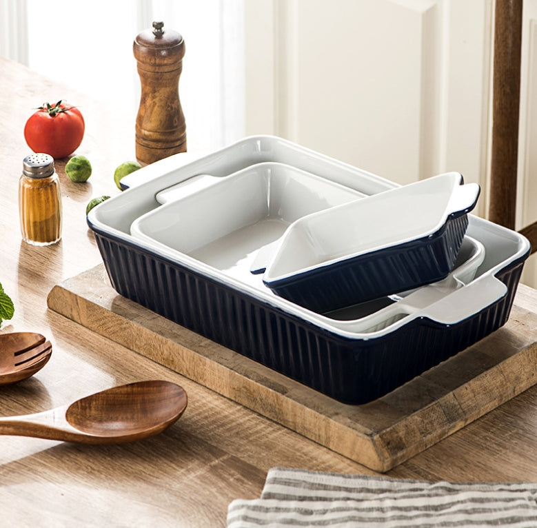 Set of 3 Black Porcelain Baking Dishes Rectangular Bakeware Set