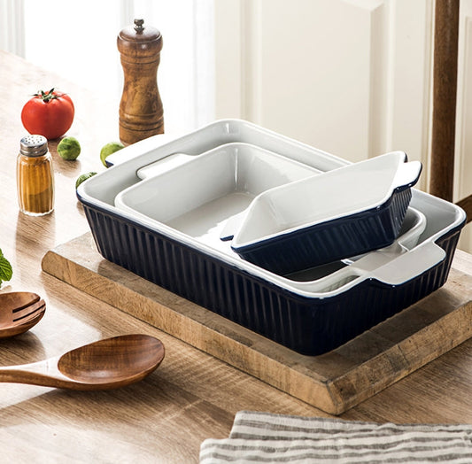 Set of 3 Black Porcelain Baking Dishes Rectangular Bakeware Set