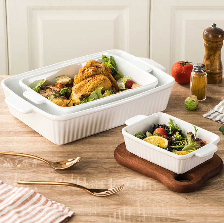Set of 3 White Porcelain Baking Dishes Rectangular Bakeware Set
