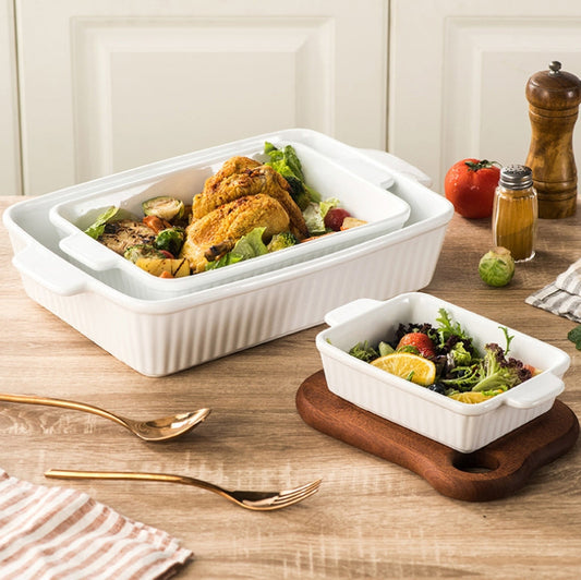 Set of 3 White Porcelain Baking Dishes Rectangular Bakeware Set