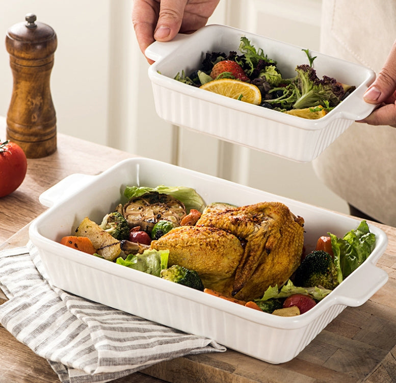 Set of 3 White Porcelain Baking Dishes Rectangular Bakeware Set