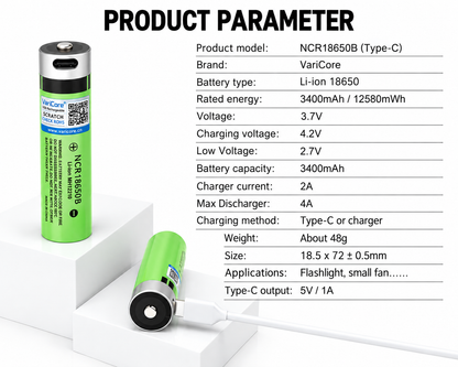 18650 Rechargeable Battery USB-C 2PCS