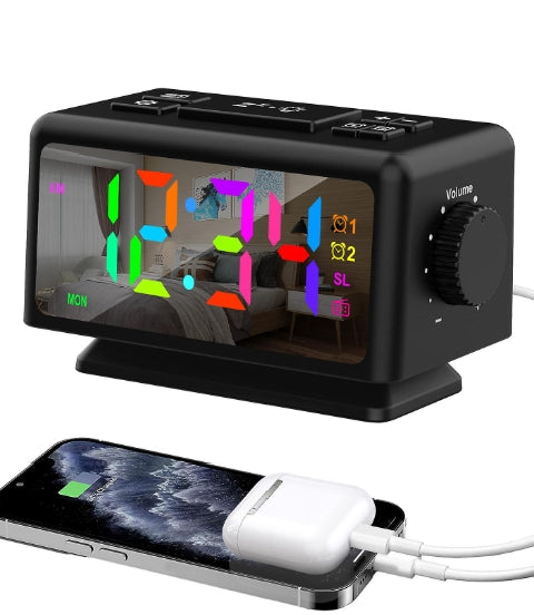 Perpetual Calendar Fm Radio Alarm Clock Rgb Colorful Mirror Large Screen Display