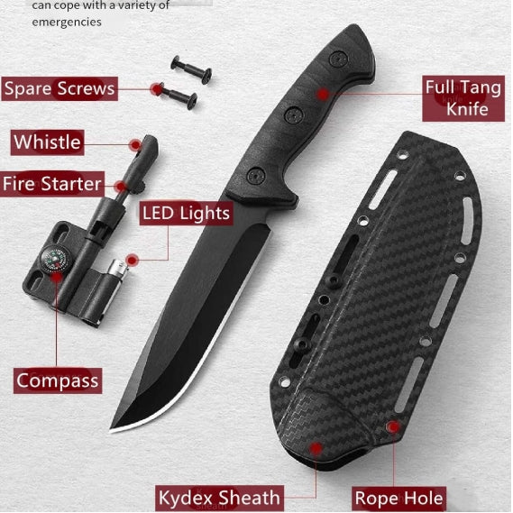 Fixed Blade Knife with Kydex Sheath for Carries with Fire Starter, Compass, Whistle