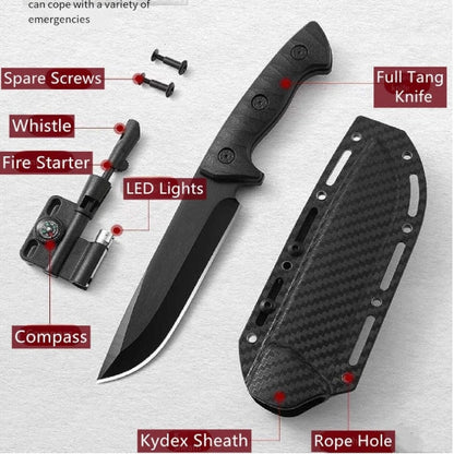 Fixed Blade Knife with Kydex Sheath for Carries with Fire Starter, Compass, Whistle
