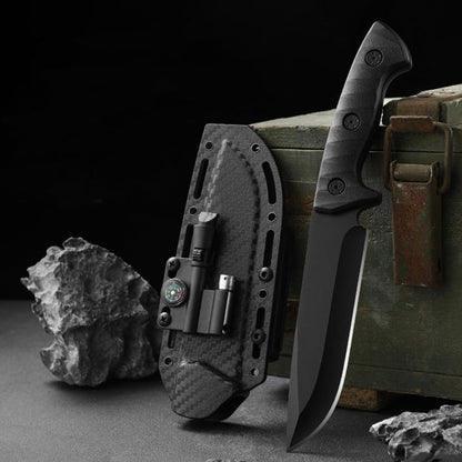 Fixed Blade Knife with Kydex Sheath for Carries with Fire Starter, Compass, Whistle