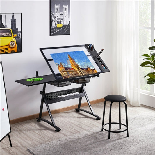 Height Adjustable Glass Drafting Table & Stool Set