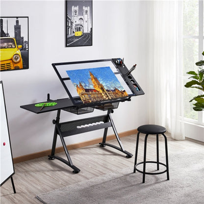 Height Adjustable Glass Drafting Table & Stool Set Art Table