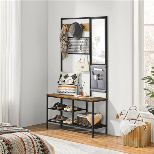 Six-in-one Hall Tree with Shoe Storage Bench/ Mirror/ Storage Bag/ Coat Rack