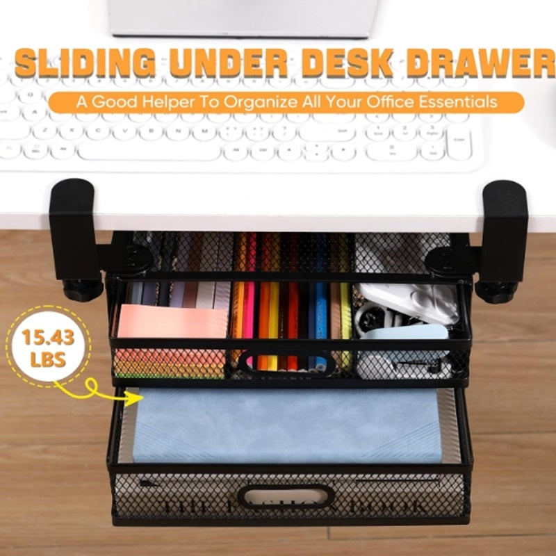 Under Desk Drawer Organizer with 2 Sliding Pull-out Mesh Metal Drawer