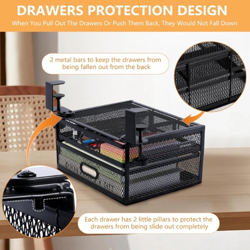 Under Desk Drawer Organizer with 2 Sliding Pull-out Mesh Metal Drawer