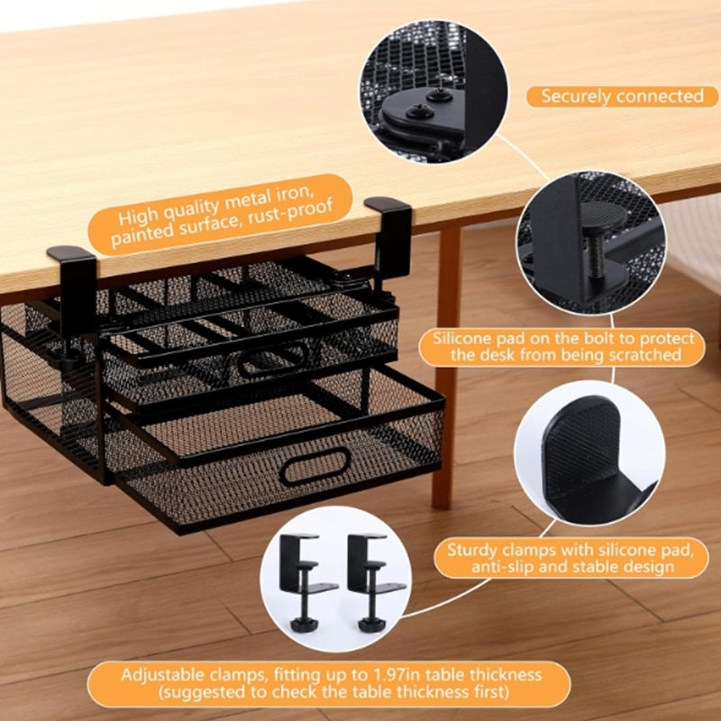 Under Desk Drawer Organizer with 2 Sliding Pull-out Mesh Metal Drawer