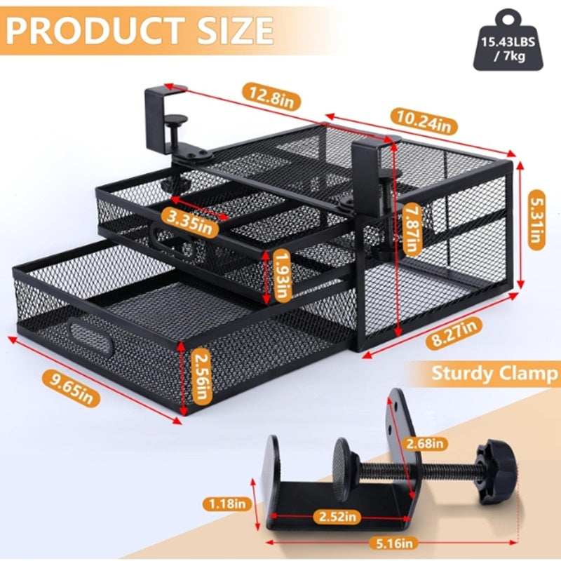 Under Desk Drawer Organizer with 2 Sliding Pull-out Mesh Metal Drawer