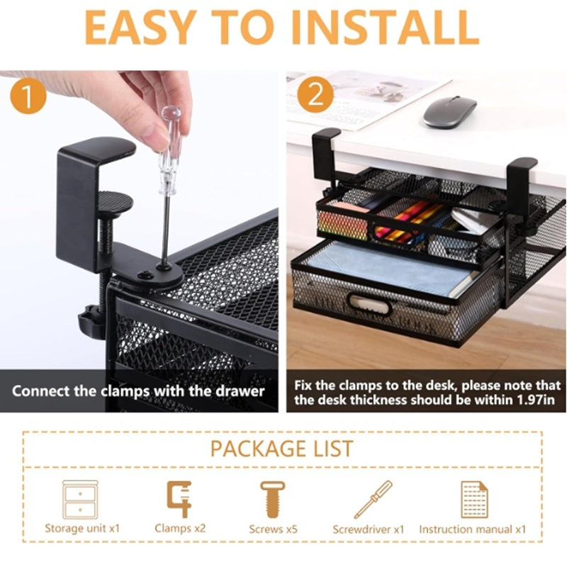 Under Desk Drawer Organizer with 2 Sliding Pull-out Mesh Metal Drawer