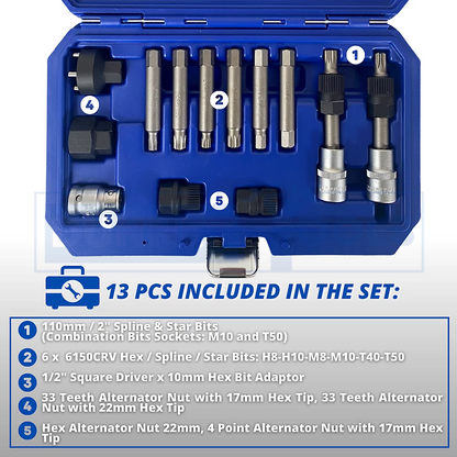 Alternator Pulley Tool Kit 13Pc / Alternator Repair Service Special Tool Kit