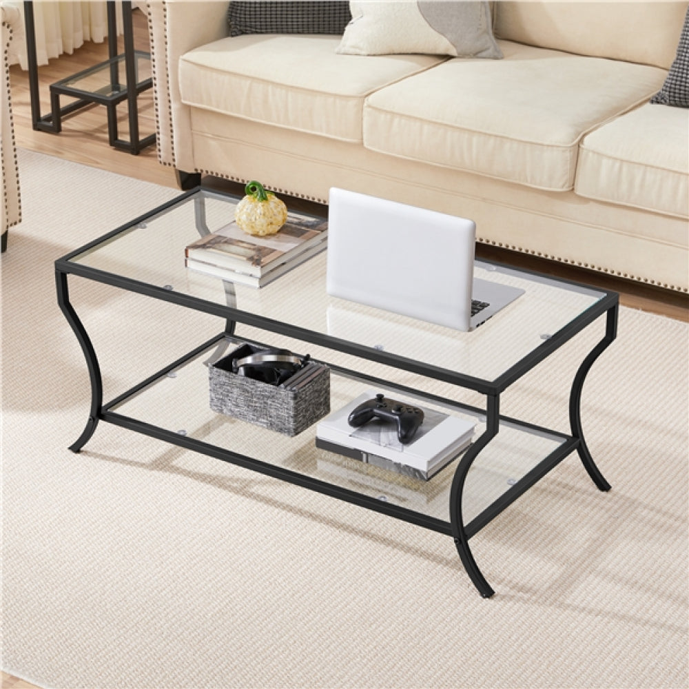 2-tier Rectangular Iron Framed Tempered Glass Coffee Table