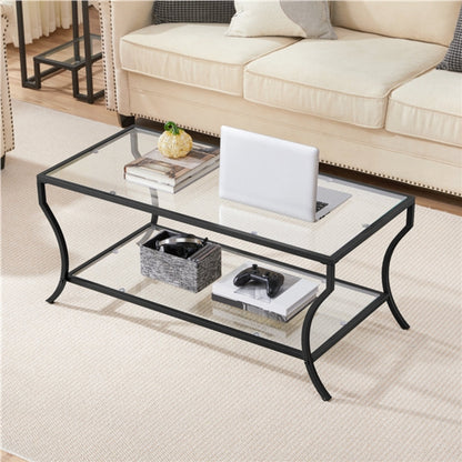 2-tier Rectangular Iron Framed Tempered Glass Coffee Table