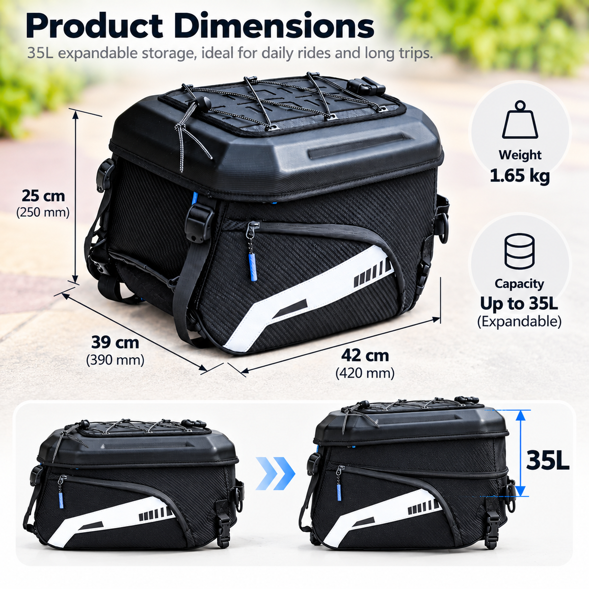 ECOTREK 35L Expandable Motorcycle Tail Bag – Hard Shell Rear Seat Helmet Bag BQF1172