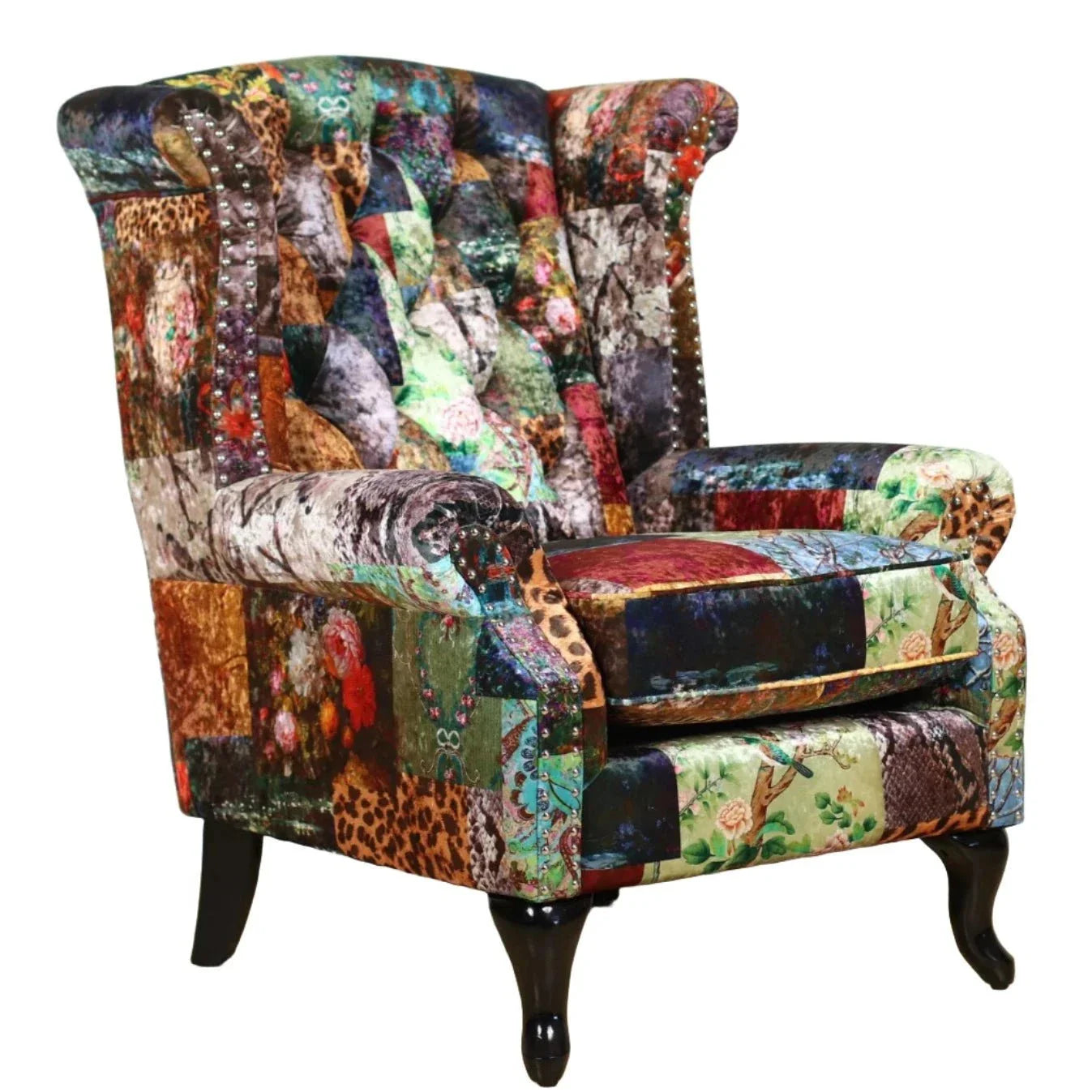 Franklin Patchwork Wingback Armchair - Leopard at online8 furniture store Auckland