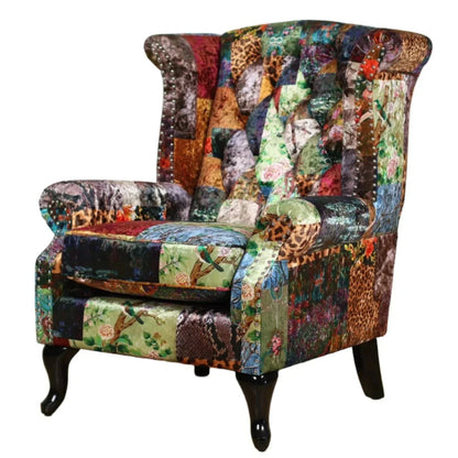 Franklin Patchwork Wingback Armchair - Leopard at online8 furniture store Auckland