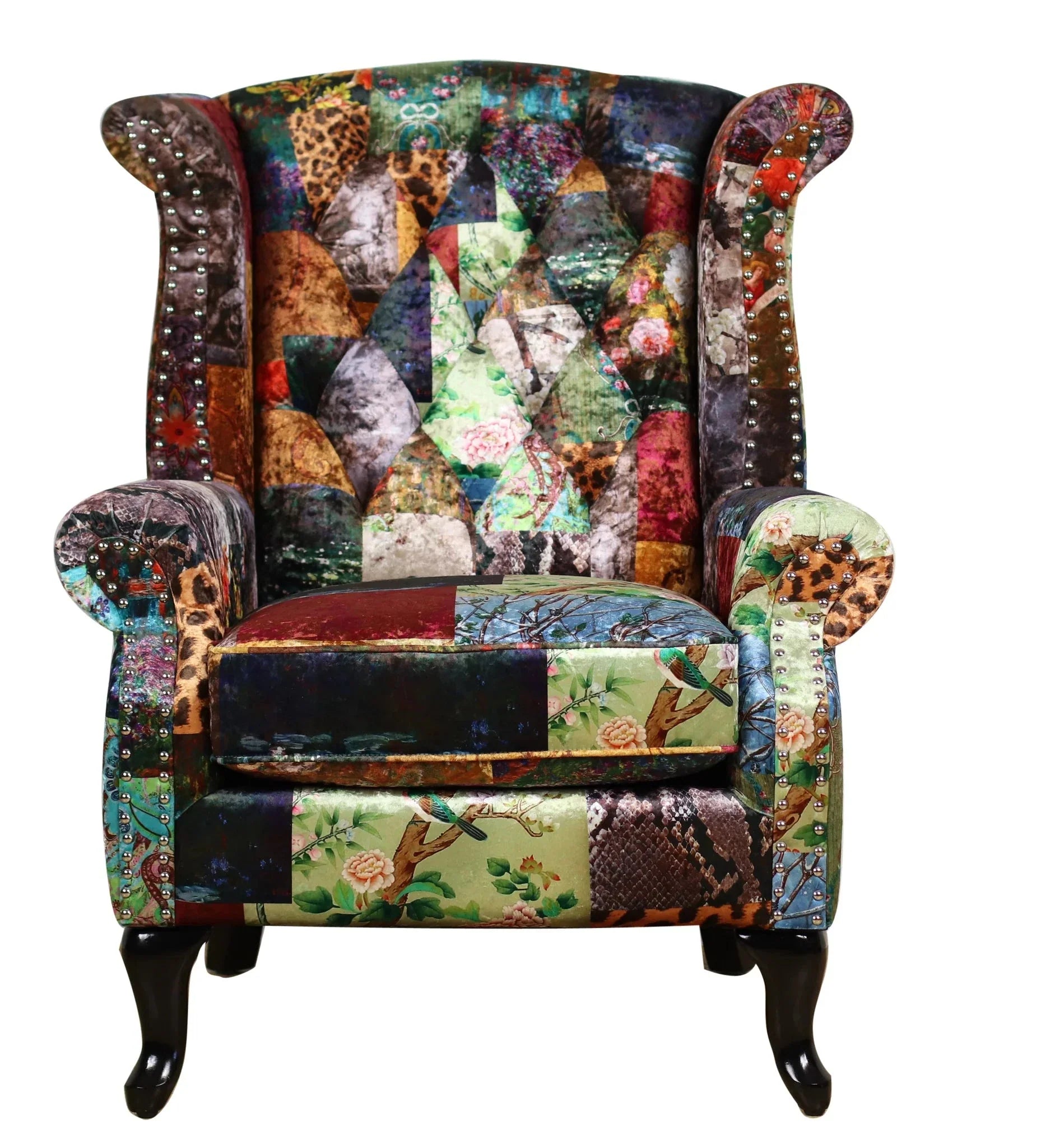 Franklin Patchwork Wingback Armchair - Leopard at online8 furniture store Auckland