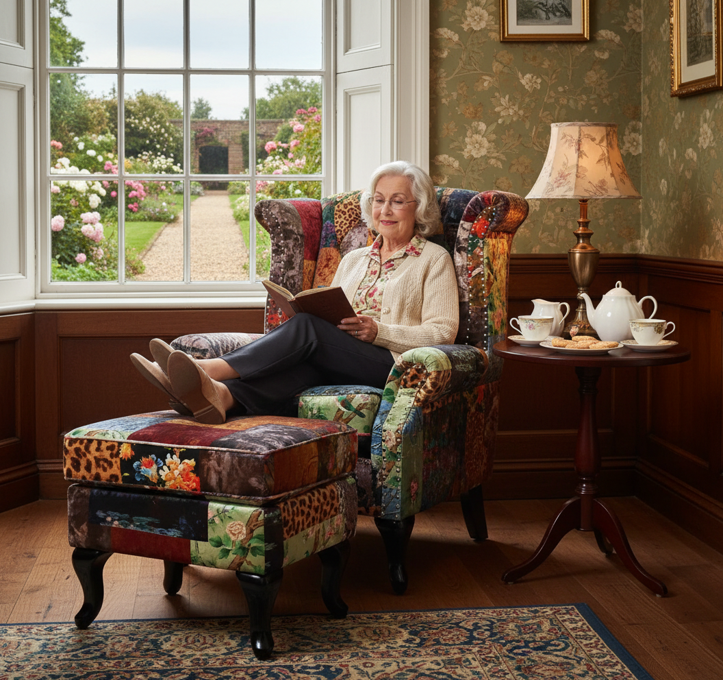 Franklin Patchwork Wingback Armchair with Ottoman - Leopard