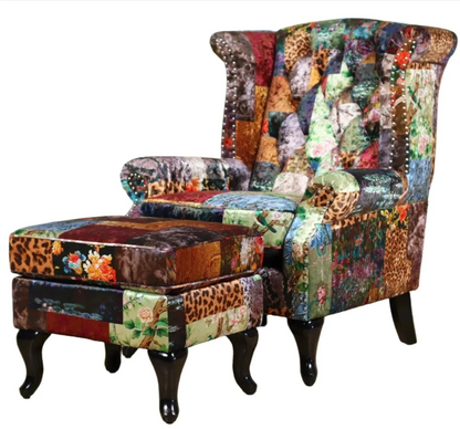 Franklin Patchwork Wingback Armchair with Ottoman - Leopard at online8 furniture store Auckland