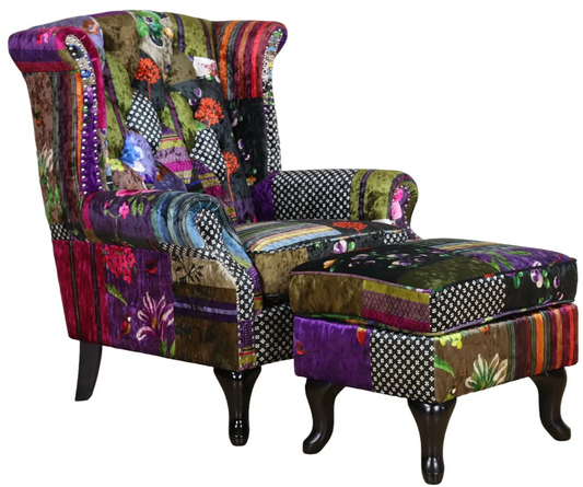 Franklin Patchwork Wingback Armchair with Ottoman at online8 furniture store Auckland