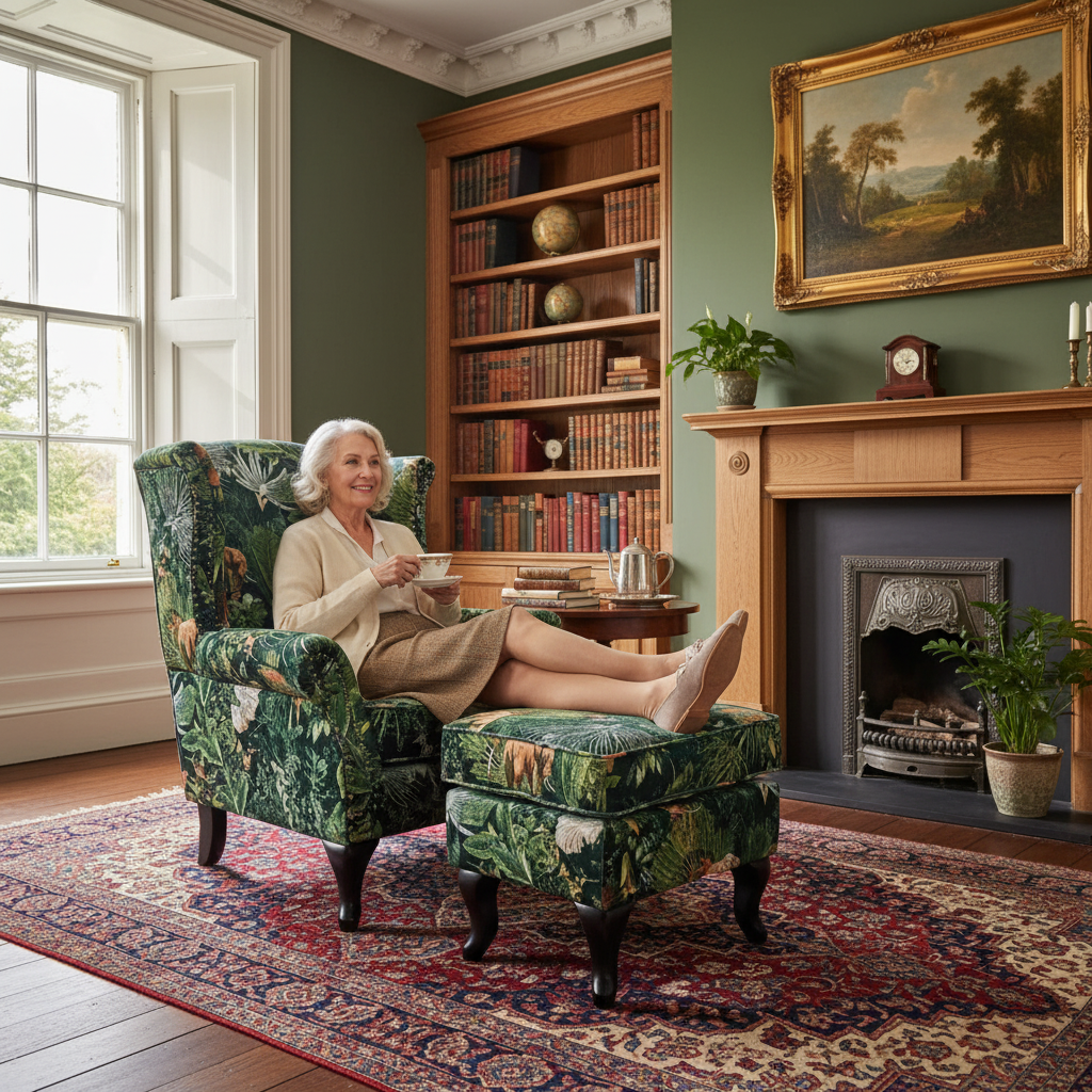 Franklin Wingback Patchwork Armchair with Ottoman- Green Forest