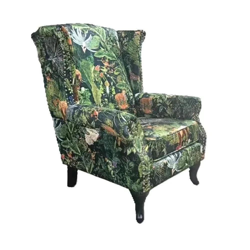 Franklin Wingback Patchwork Armchair - Green Forest at online8 furniture store Auckland
