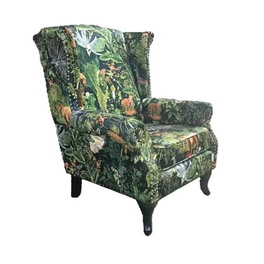 Franklin Wingback Patchwork Armchair - Green Forest at online8 furniture store Auckland