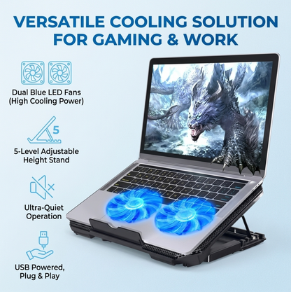 Gaming Laptop Cooling Pad with Dual Silent Fans & Adjustable Height