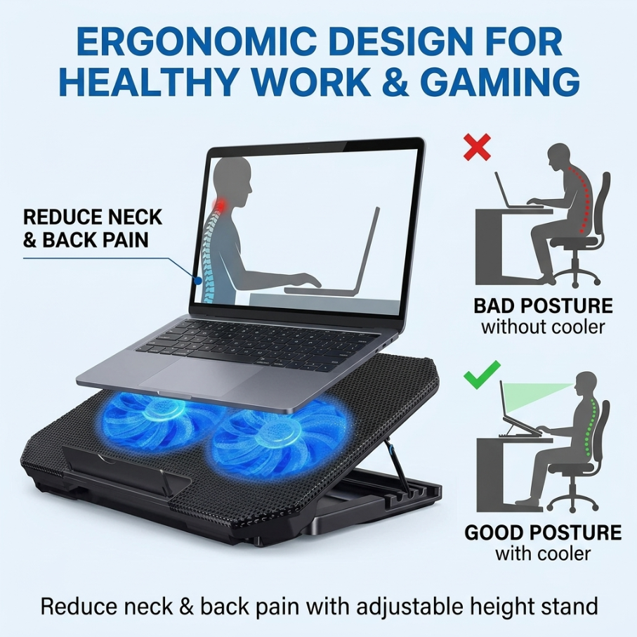 Gaming Laptop Cooling Pad with Dual Silent Fans & Adjustable Height