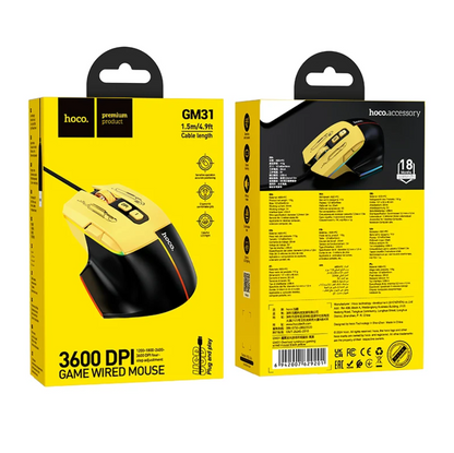 Wired Gaming Mouse with 7 Buttons, 3600 DPI & LED Light (GM31) - Yellow