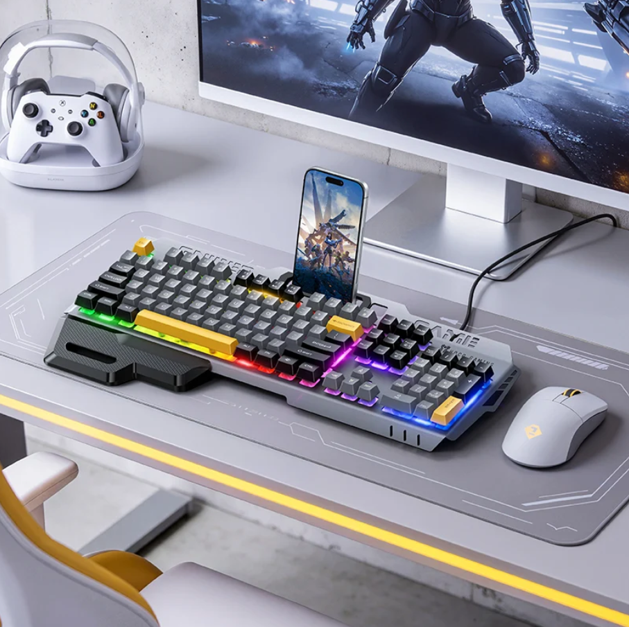 Ergonomic Wired Gaming Keyboard with RGB Rainbow Light & Wrist Rest (GM702)