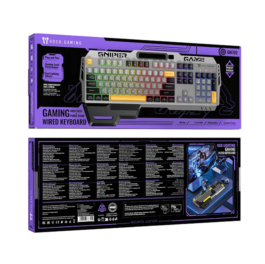Ergonomic Wired Gaming Keyboard with RGB Rainbow Light & Wrist Rest (GM702)