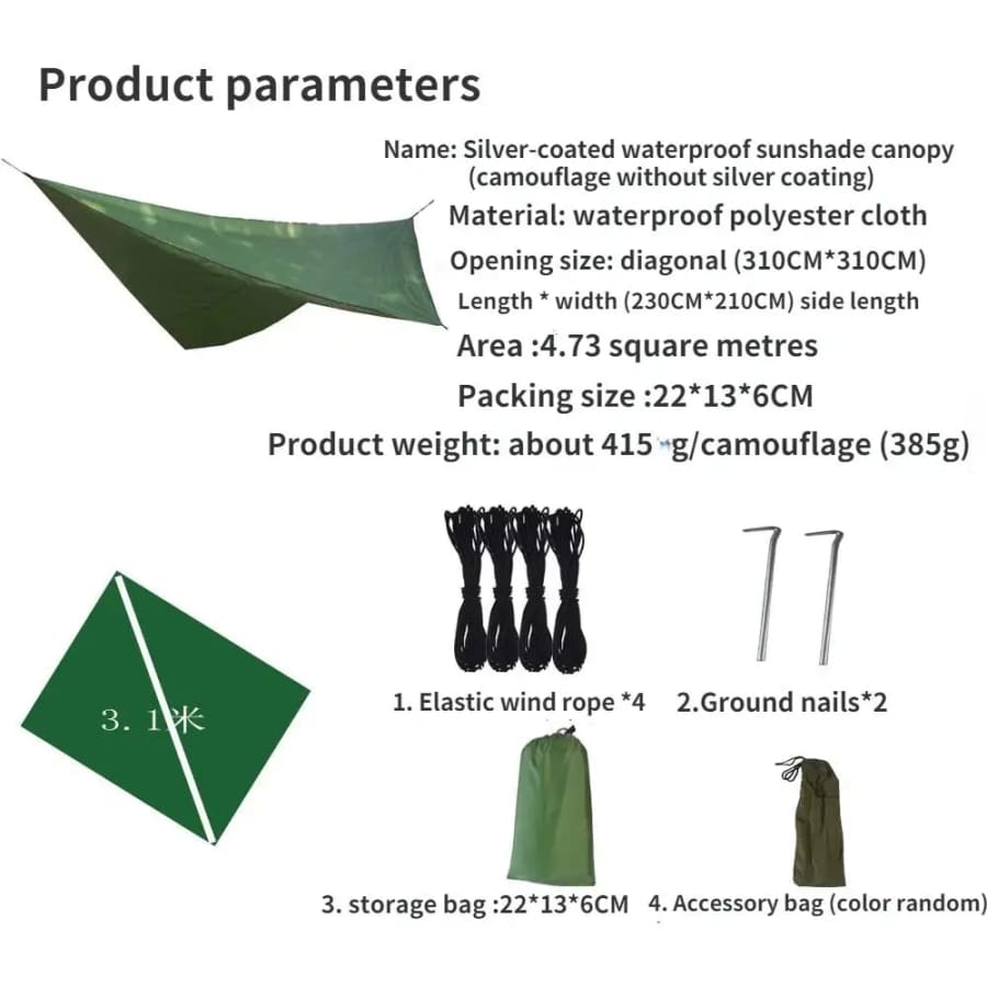 Green Tarp - 2.3m x 2.1m Waterproof  Outdoor Shelter