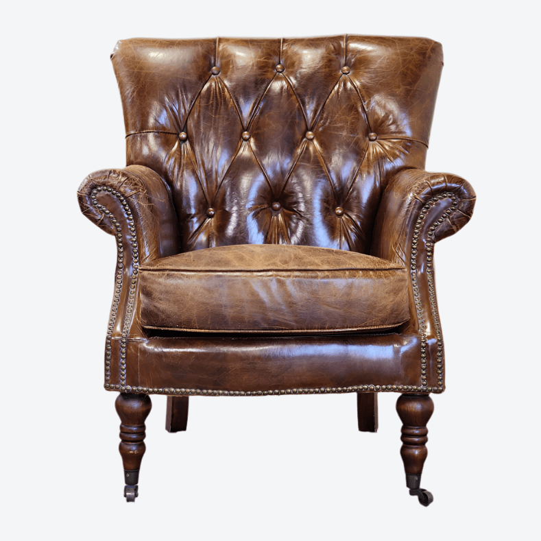 Harrington Buttoned Leather Armchair - Vintage Cigar at online8 furniture store Auckland
