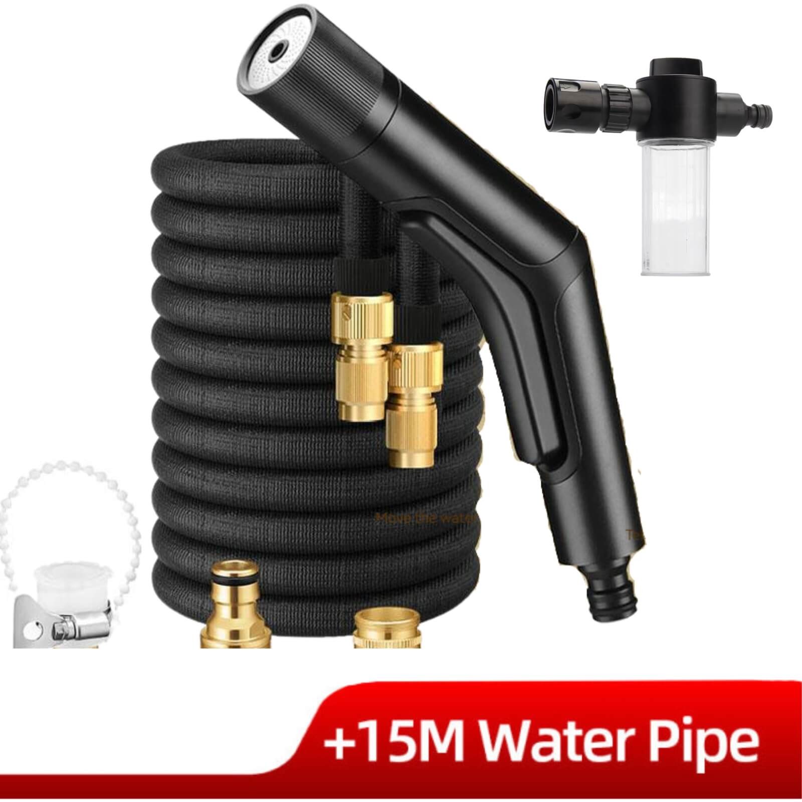 Black expandable water pipe with spray gun and connectors on a white background