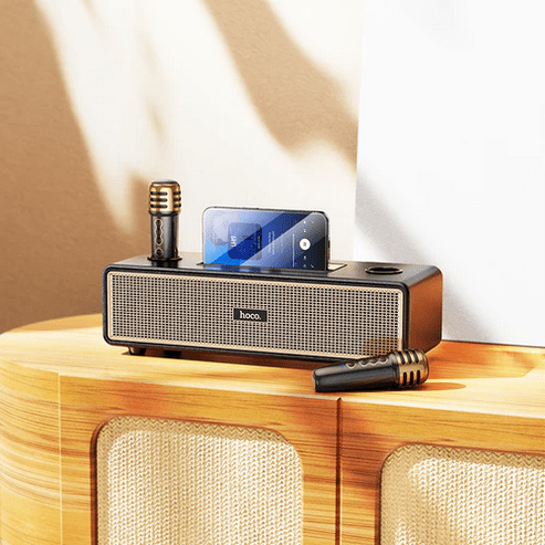 Hoco Bluetooth Speaker Classic Stylish Bluetooth Speaker w/ 2 Wireless Microphone & Phone Holder