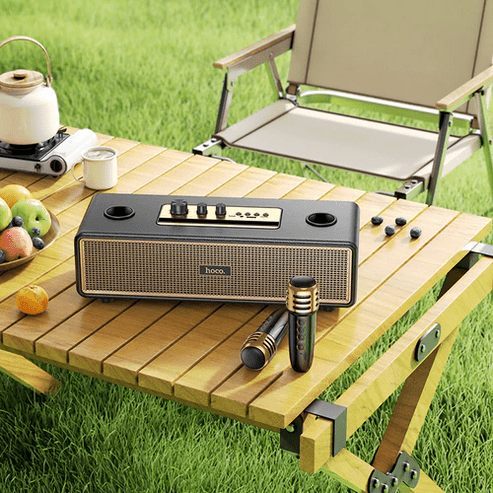 Hoco Bluetooth Speaker Classic Stylish Bluetooth Speaker w/ 2 Wireless Microphone & Phone Holder