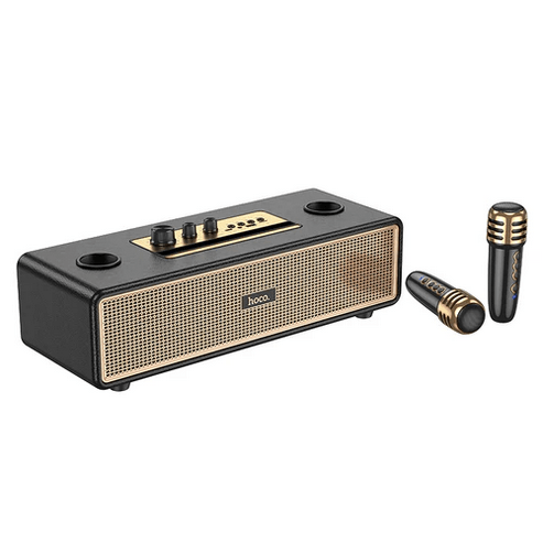 Hoco Bluetooth Speaker Classic Stylish Bluetooth Speaker w/ 2 Wireless Microphone & Phone Holder