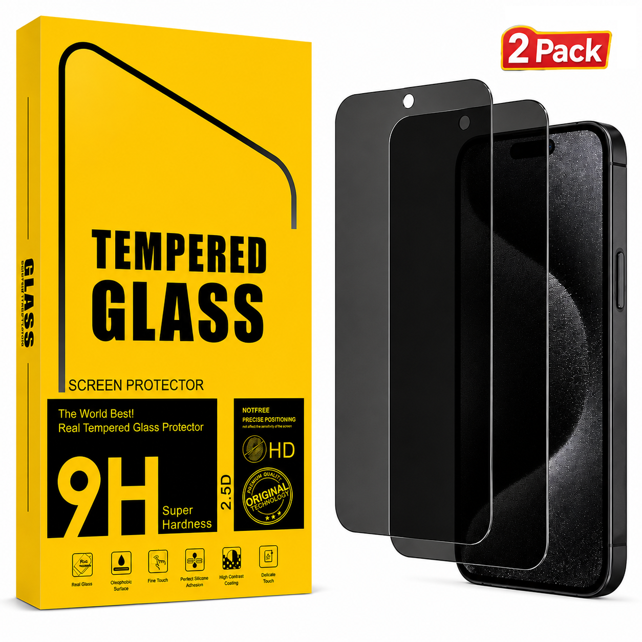 iPhone 16 Privacy Tempered Glass Screen Protector (2 Pack) – 9H HD Anti-Spy, 2.5D Rounded Edge, Impact & Scratch Resistant
