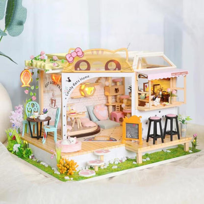 DIY Cat Café Miniature Wooden Dollhouse Kit