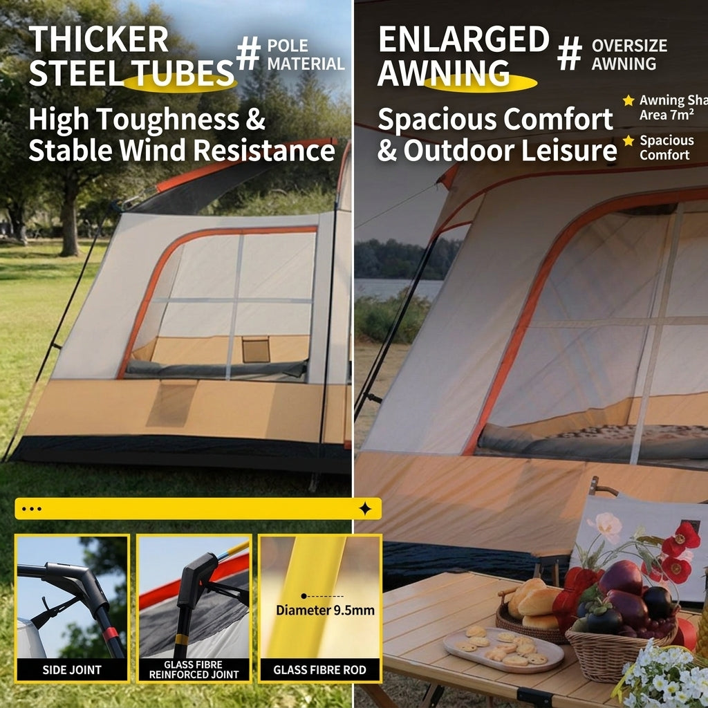 Family Cabin Camping Tent with Sunshade Awning QLY7133