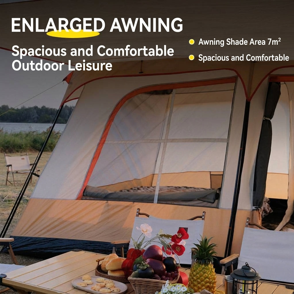 Family Cabin Camping Tent with Sunshade Awning QLY7133
