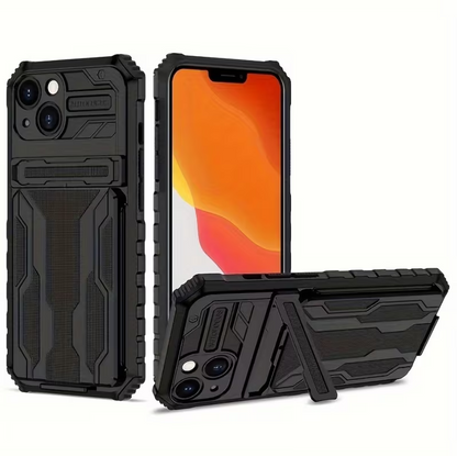 iPhone 15 Heavy Duty Shockproof Case With Card Holder & Kickstand (Black)